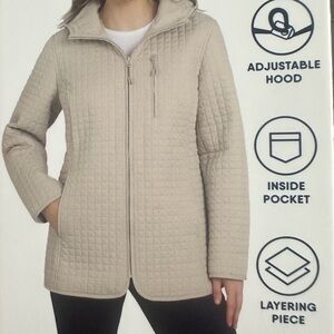 NWT Lands' End Quilted Puffer Jacket Tan Removable Hood Layering Piece